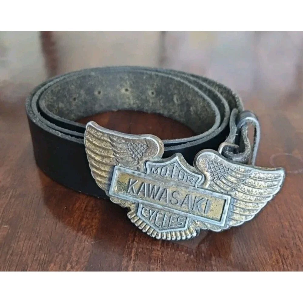 Vintage Kawasaki Motorcycles Buckle With Black Leather Belt, 49" - Picture 1 of 8